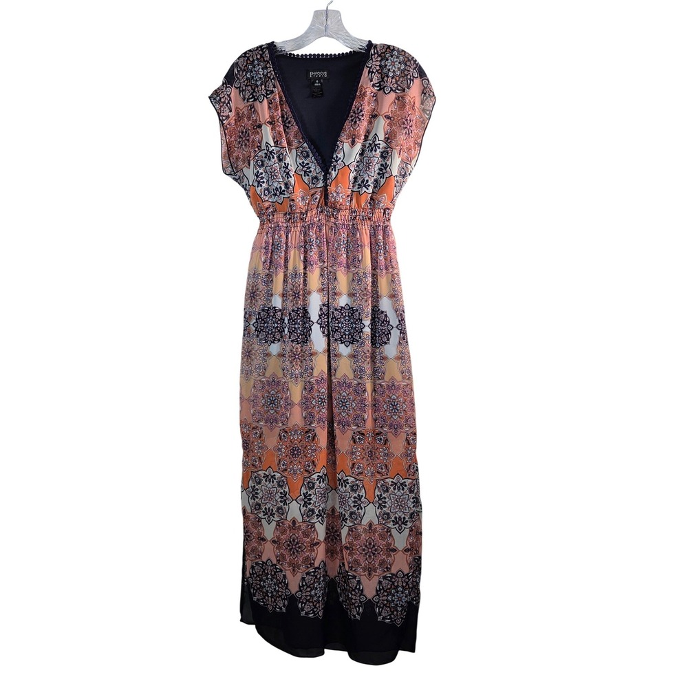 Boho Bohemian Medallion Print V-Neck Maxi Dress Orange Navy Size 8